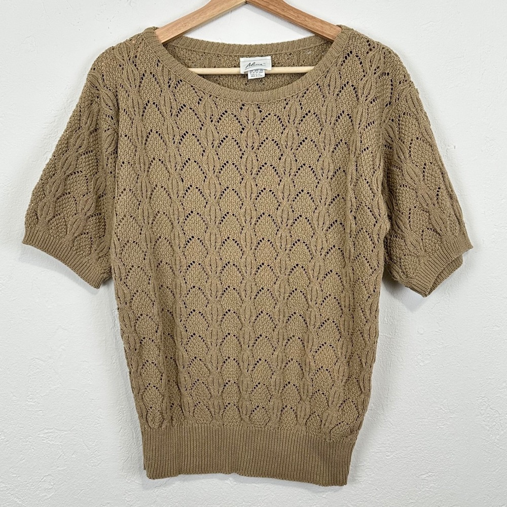 Cottagecore Sweater Size Small Cream Pointelle Knit Crochet Cotton Short Sleeve